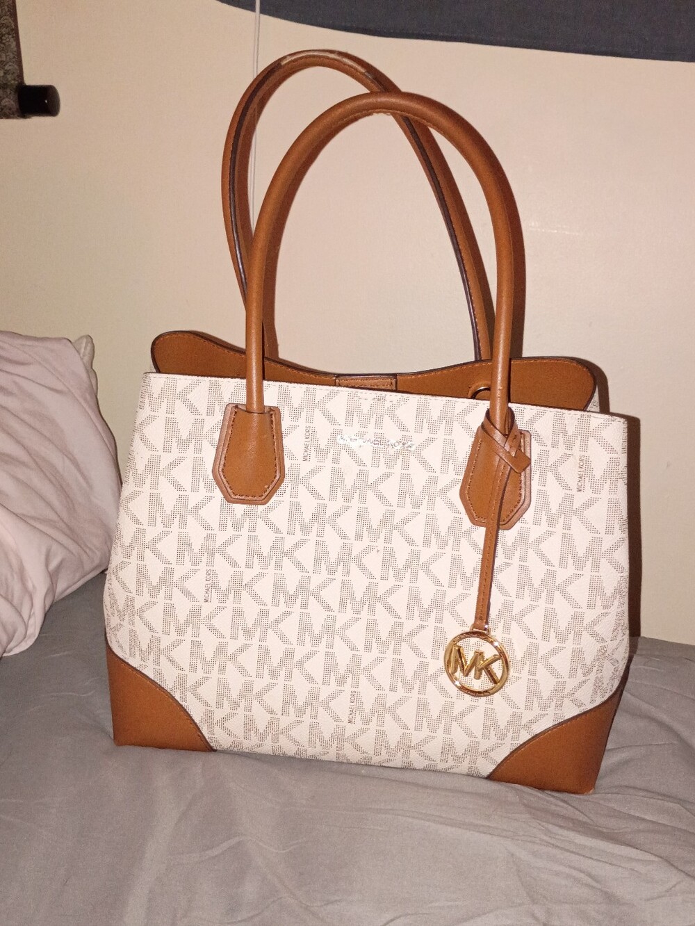 Michael Kors Cream & Tan Monogram Tote with Gold Logo Charm